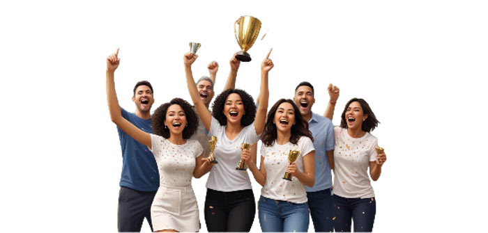 a group of happy people celebrating with trophies and awards