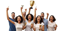 a group of excited people celebrating victory while holding trophies