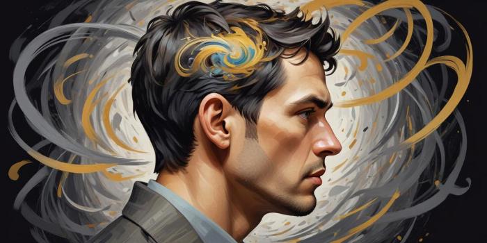 side profile of a man with swirling colorful patterns around his head