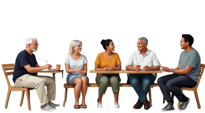 diverse group of five people enjoying conversation around a table