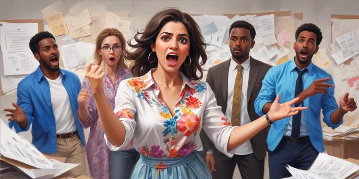 woman expressing frustration surrounded by anxious colleagues in an office chaos with papers scattered