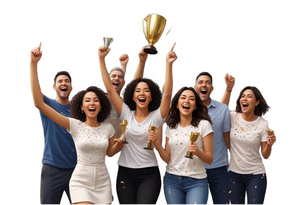 a group of joyful friends celebrating with trophies and a large golden cup